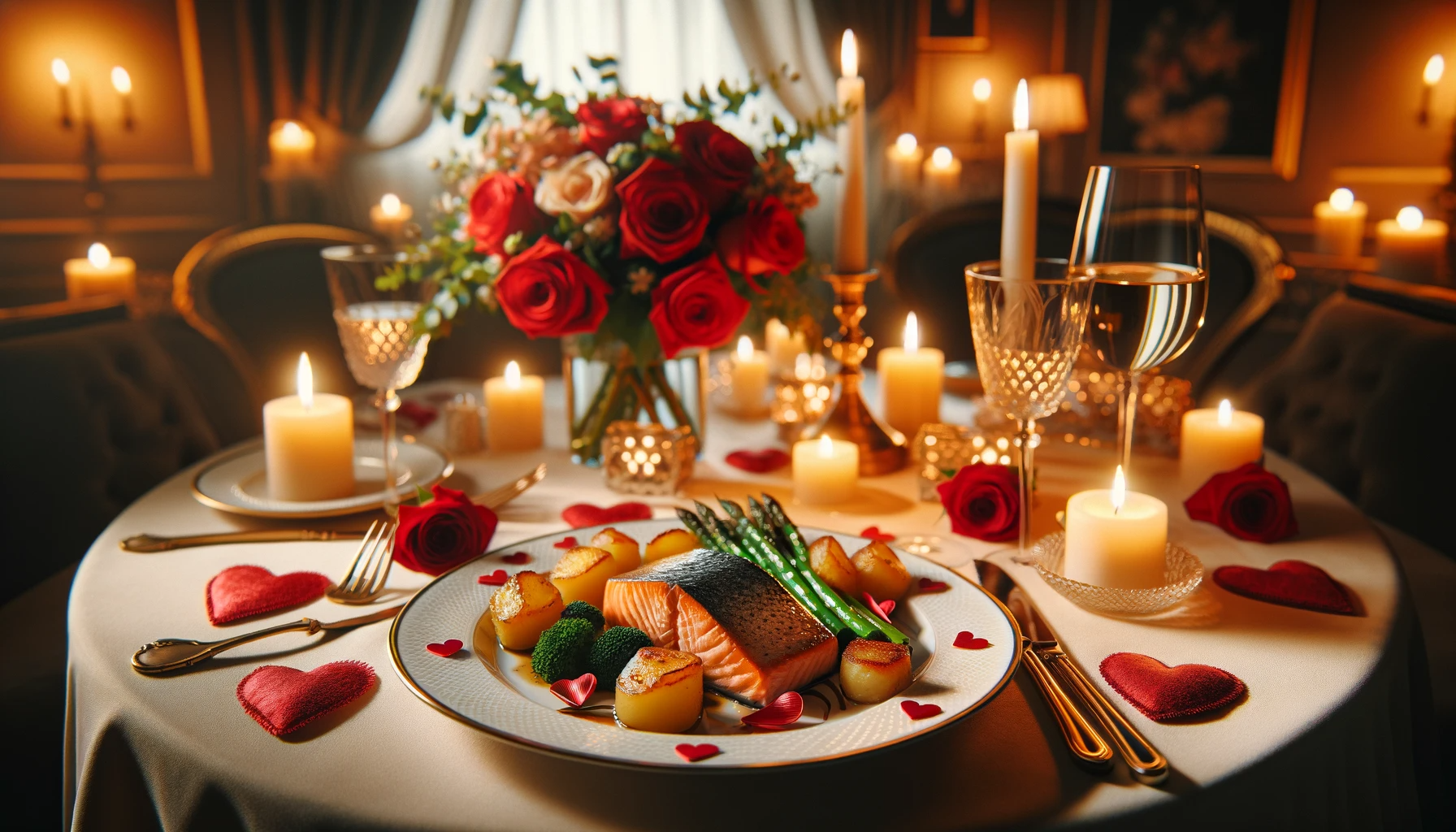 Valentine's Day Table setting with a salmon dish.